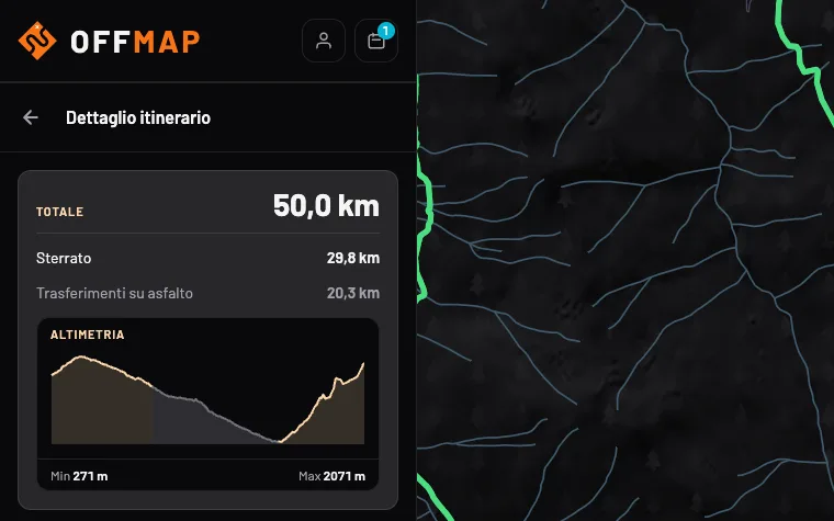 Dettaglio di un itinerario nell’app: 50 km in totale, sterrato e trasferimenti su asfalto, altimetria e tracce