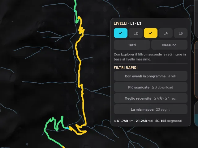 La mappa dell’app con il filtro dei livelli aperto