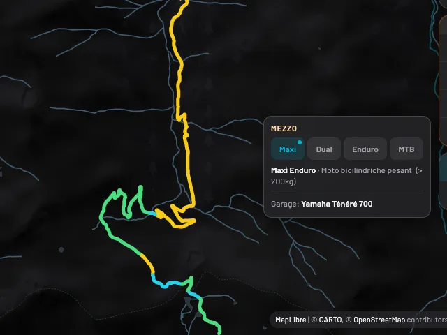 La scelta del mezzo nell’app: maxi enduro, dual sport, enduro, MTB